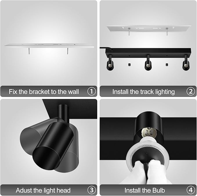 Plug-in Track Lighting, LED Track Lighting Fixtures Ceiling Kit, 16" Black Plug in Wall Light with 14.8ft Cord, 3-Light Ceiling Spotlight,Rotatable Kitchen Light Head for Bedroom Hallway(GU10,NO Bulb)