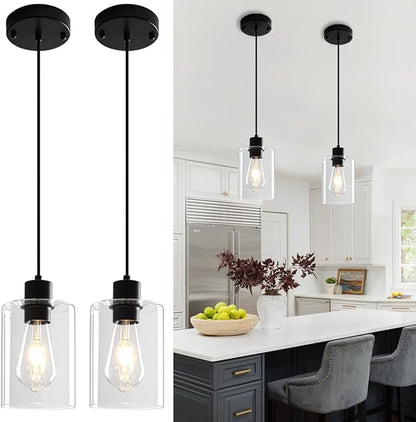 2 Pack Black Pendant Lights Kitchen Island, Modern Glass Pendant Lighting Over Island Kitchen Hanging Bathroom Ceiling Light Fixtures Adjustable Pendant Lights for Dining Room Hallway Bedroom