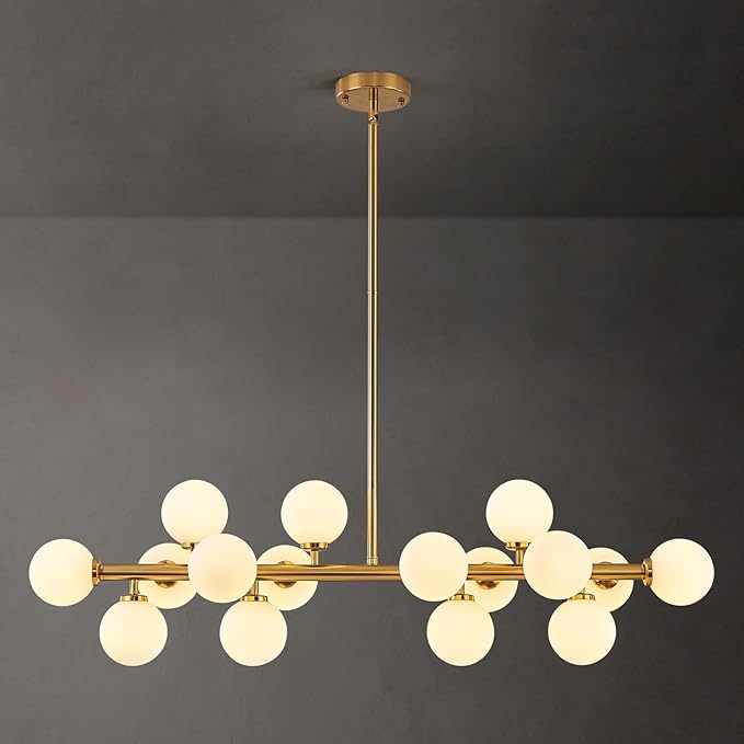 16-Light Globe Sputnik Chandelier, Mid Century Modern Dining Light Fixture Over Table, Brass Gold Linear Chandeliers for Dining Room, Kitchen Island, Living (Milk White Glass Bubble, 40 Inch)