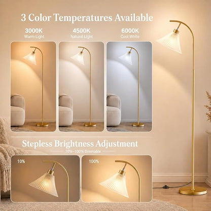 SIBRILLE Gold Floor Lamp with Remote, Dimmable Glass Arc Standing Lamp, Ribbed Frosted Glass Shade, 3 Color Temperatures, Foot Switch, 9W LED Bulb for Living Room Bedroom Office