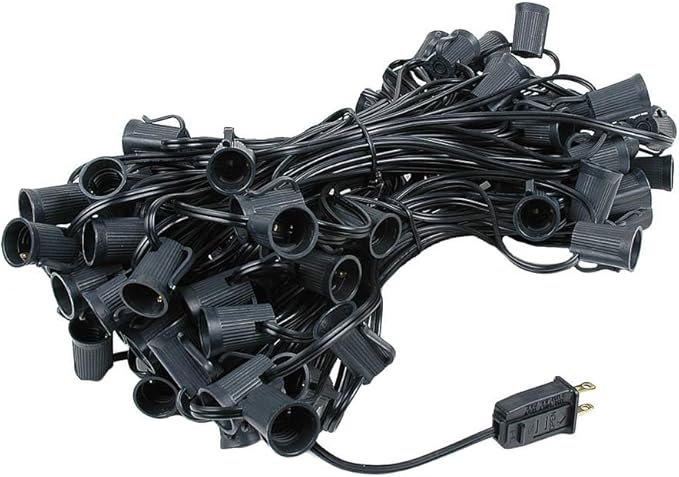 Novelty Lights 100 Foot C9 Outdoor String Light Christmas Stringer - Patio String Lights - Intermediate Base (C9/E17) - 12" Spacing - Black Wire