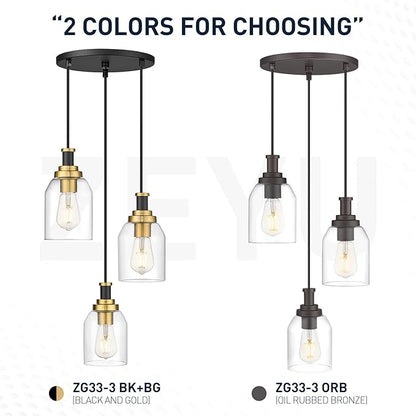zeyu 3-Light Pendant Lighting, Adjustable Farmhouse Cluster Pendant Light for Kitchen Dining Room, Oil Rubbed Bronze Finish with Clear Glass Shade, ZG33-3 ORB