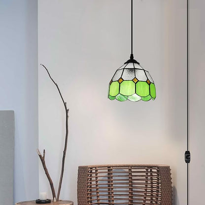 HuisMier Tiffany Style Plug in Pendant Light, Green Mini Chandelier with 15 Ft Hanging Cord and On/Off Dimmer Switch, Vintage Swag Ceiling Lamp for Dining Room Bedroom Living Room Porch, 7.9" Width