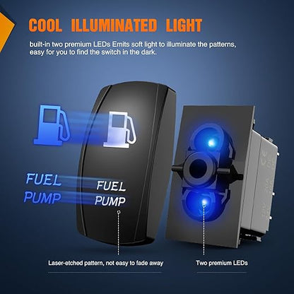 Nilight Fuel Pump Rocker Switch Led Light Bar 5 Pin Laser On Off SPST switches 20A/12V 10A/24V Blue with Jumper Wires Set for Cars Trucks Boats ATVs UTVs RVs