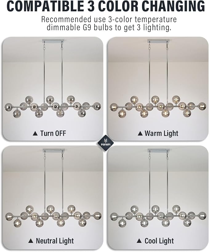 55 Inch Long Chandeliers for Dining Room Kitchen Island, Large Globe Sputnik Linear Chandelier, 16 Lights Mid Century Modern Light Fixture Over Table, Chrome and Smoke Grey Bubble, GC-08