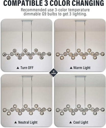 55 Inch Long Chandeliers for Dining Room Kitchen Island, Large Globe Sputnik Linear Chandelier, 16 Lights Mid Century Modern Light Fixture Over Table, Chrome and Smoke Grey Bubble, GC-08
