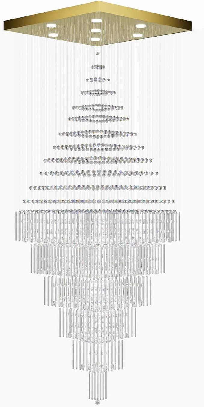 Flashing God D48''X H120'' Extra Large Chandelier for High Ceiling Modern Raindrop Chandelier Crystal Flush Mount Ceiling Light for Foyer Living Room Staircaes Entrance Gold ﻿