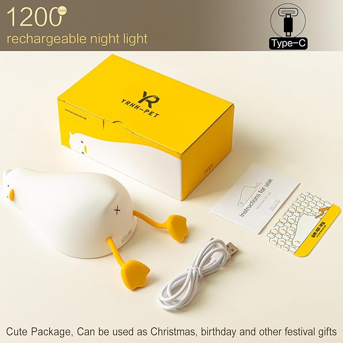 YR YRHH-PET Existential Crisis Duck Lamp, Squishy Kid Cute Lying Flat Duck Night Light, Rechargeable Ducky Lay Touch Lamp, College White Elephant Gifts, Boy Girl Fun Birthday Gift, Safe Silicone Decor