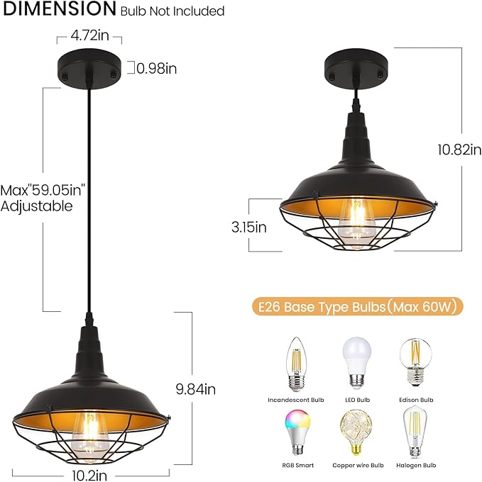Farmhouse Pendant Lights Kitchen Island, 10.2" Black Kitchen Pendant Lighting Over Island, Industrial Vintage Hanging Light Fixtures Rustic Metal Wire Cage Pendant Light, 1 Pack