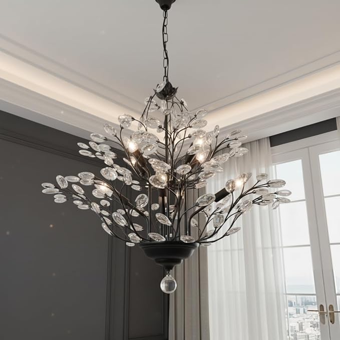 Maxax Vintage Crystal Branch Chandeliers, 8-Light Adjustable K9 Crystal Pendant Hanging Lighting Ceiling Light Fixtures Chandeliers for Dining Room, Living Room, Bedroom, Porch, 27.5in, Black