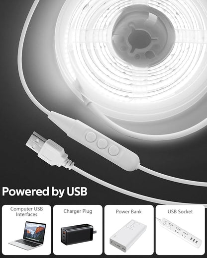 Aclorol 5V COB LED Strip Light White 6000K Dimmable LED TV Backlights 4.92FT/1.5M 480LEDs Flexible and Cuttable Tape Lights with 1.5M USB Cable for Kitchen Cupboard Mirror Staircase Counter Shelves