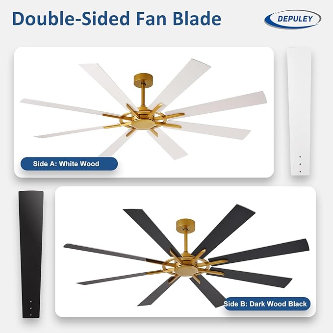 Ceiling Fan Without Light: 72 Inch Big Indoor Outdoor Fan with Remote APP Control - Brass White Large Ceiling Fan no Light 8 Blade Reversible Quiet DC Motor Memory Function Timer