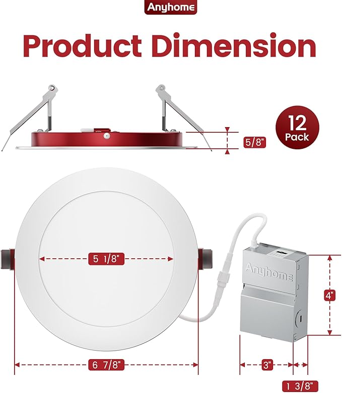 12 Pack 6 Inch Fire Rated Led Recessed Light with Junction Box, 2 Hour Fire Rating,5CCT Selectable Led Ultra Thin Recessed Lighting,12W 1000LM CRI90,Dimmable Led Wafer Light,ETL& ES