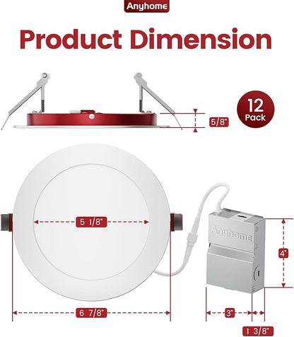 12 Pack 6 Inch Fire Rated Led Recessed Light with Junction Box, 2 Hour Fire Rating,5CCT Selectable Led Ultra Thin Recessed Lighting,12W 1000LM CRI90,Dimmable Led Wafer Light,ETL& ES