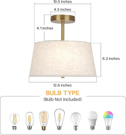 CALOKES Cone-Shaped Semi Flush Mount Modern Ceiling Light Fixture, 3-Light Drum Lamp with Gold Brass Finish and Beige Fabric Shade for Bedroom, Kitchen, Dining Room, Hallway, Entryway, and Foyer