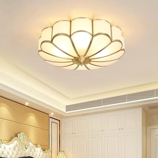 MIXL-Mid Century Brass Flush Mount Ceiling Light,14 Inch Bedroom Light Fixture,Vintage Style Ceiling Lamp for Living Room and Entyrway
