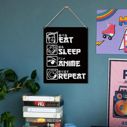 Anime Decor,Eat Sleep Anime Repeat Sign,Rustic Anime Lovers Wooden Hanging Plaque Anime Merch Gifts for Home Living Room Girl Bedroom Wall Art Decoration