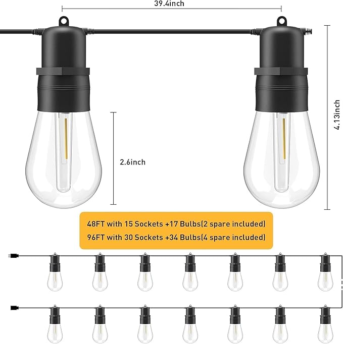 LED Outdoor String Lights,49FT Outdoor Lights String with S14 15+2(Spare) Plastic Shatterproof Bulbs,ETL Listed IP65 Waterproof Patio Lights for Outdoor Lighting,Backyard,Cafe (96 FT)