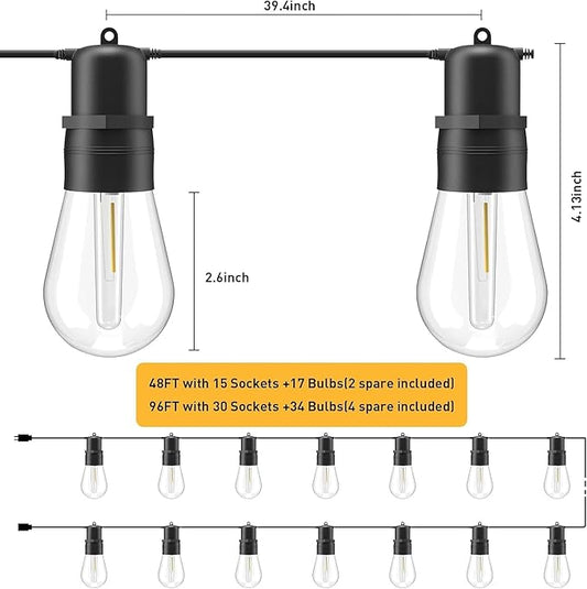 LED Outdoor String Lights,49FT Outdoor Lights String with S14 15+2(Spare) Plastic Shatterproof Bulbs,ETL Listed IP65 Waterproof Patio Lights for Outdoor Lighting,Backyard,Cafe (96 FT)
