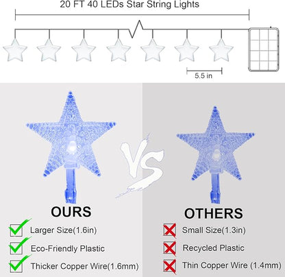 CESOF Blue Christmas Star String Lights Decorations, 20 FT 40 LED Battery Operated Twinkle Lights Cute Hanging Star Fairy Light for Bedroom Room Car Party Home Indoor Outdoor Xmas Tree Decor