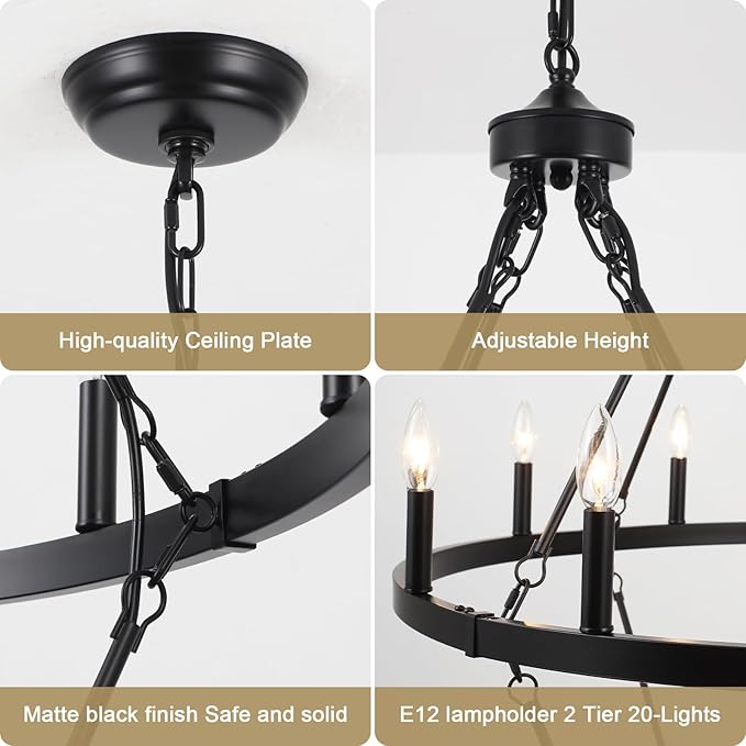 Black Wagon Wheel Chandelier 2 Tier 20-Lights 40 Inch Extra Large Farmhouse Light Fixture Rustic Lighting Round Chandeliers for Dining Room Kitchen Island Foyer Entryway