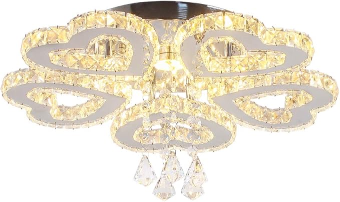 Heart 5 Rings Crystal Chandelier, Modern LED Flush Mount Ceiling Light with K9 Crystals Light Fixture for Bedroom, Living Room, Kitchen Warm White