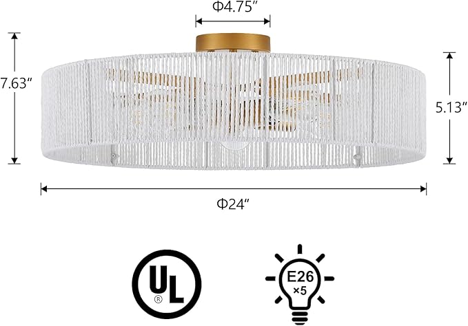 24” Boho Hand Woven Semi-Flush Mount Ceiling Light Brass 5-Lights White Chandelier for Bedroom Hallway Kitchen Island Porch Patio, UL Listed