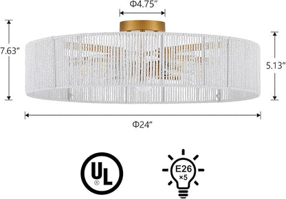 24” Boho Hand Woven Semi-Flush Mount Ceiling Light Brass 5-Lights White Chandelier for Bedroom Hallway Kitchen Island Porch Patio, UL Listed