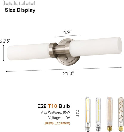 SANTOSTOCK Brushed Nickel Bathroom Light Fixtures, 2-Light Vanity Lights W/White Glass Shade, Modern Sconces Wall Lighting for Mirror Kitchen Bedroom Hallway Living Room, E26 T10 Bulbs(Excluded)