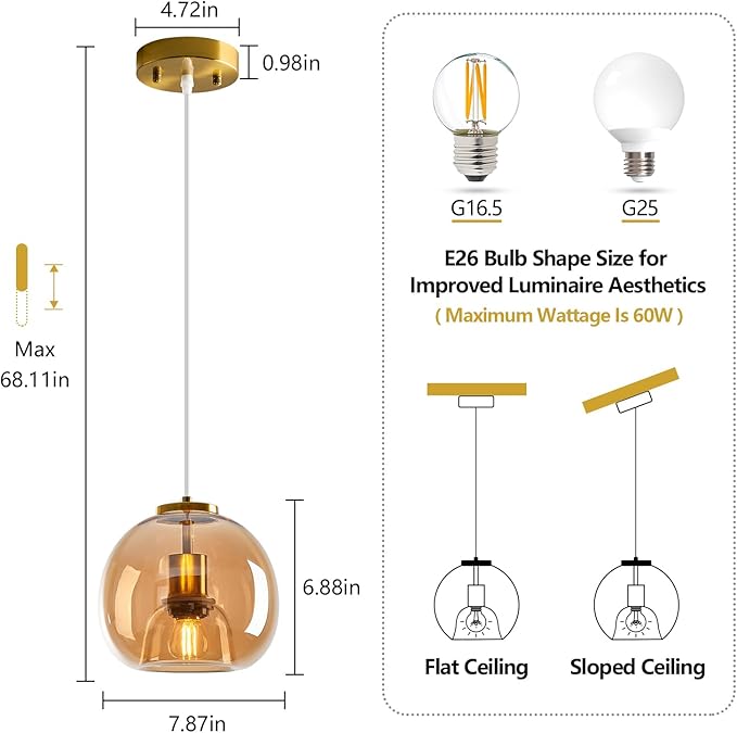 Amber Glass Pendant Lights Kitchen Island Gold Hanging Light Fixture Glass Globe Pendant Light Modern Pendant Lighting for Kitchen Island Bedroom Dining Room (7.87", 1 Pack)