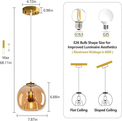Amber Glass Pendant Lights Kitchen Island Gold Hanging Light Fixture Glass Globe Pendant Light Modern Pendant Lighting for Kitchen Island Bedroom Dining Room (7.87", 1 Pack)