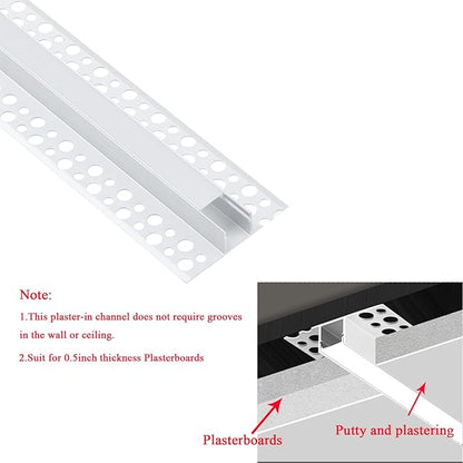 6Pack 6.6FT/2 Meter Plaster-in LED Drywall Aluminum Channel with Flange for 12mm Strip Lights, Recessed Aluminium LED Profile with Clip-in Diffuser and End Caps