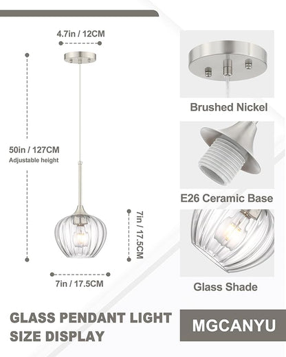 2-Pack Glass Pendant Lights Kitchen Island, 7" Modern Brushed Nickel Pendant Lighting Small Hanging Light Fixtures for Kitchen, Dining Room, Bathroom, Bedroom