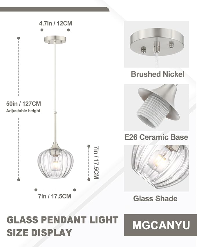 Glass Pendant Lights for Kitchen Island, 7" Modern Brushed Nickel Pendant Light Fixtures Mini Adjustable Hanging Light for Kitchen, Dining Room, Sink, Bathroom