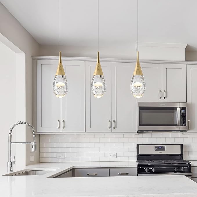 JoollySun Mini Crystal Pendant Light: Modern Dimmable 3-Color(3000k-6000k) LED Pendant for Kitchen Island Bathroom - Polished Gold
