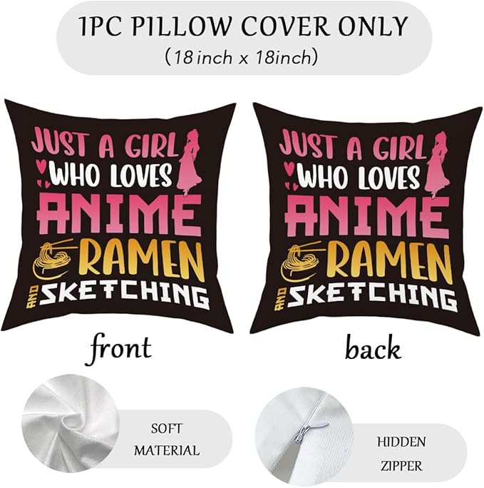 Anime Decor, Just a Girl Who Loves Anime Ramen Anime Room Decorative Throw Pillow Covers, Girls Anime Gifts Anime Lovers for Home Living Room Girl Women Bedroom Decoration Gifts Black