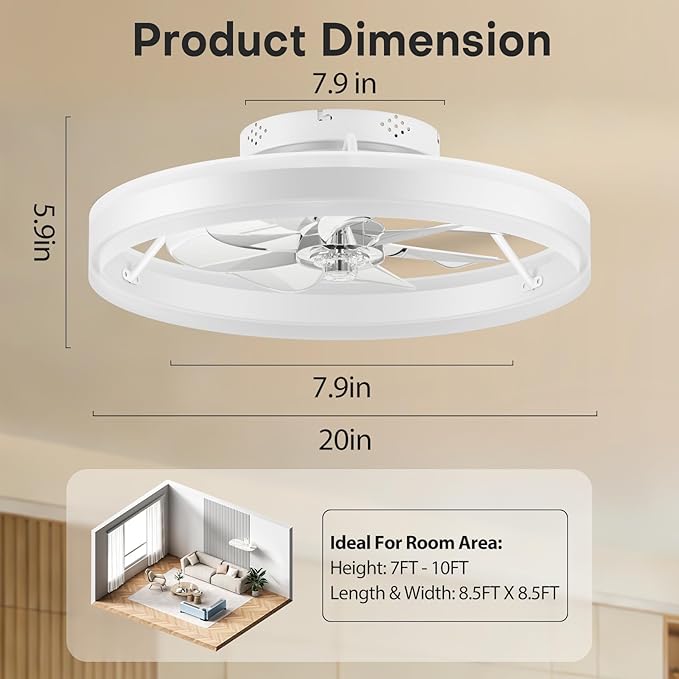 Ceiling Fans with Lights and Remote, 20" Low Profile Flush Mount Ceiling Fan, Pre-Assembled Design, Quiet DC Motor, 6 Wind Speeds, Dimmable 2700-6500K LED Light, Modern Ceiling Fan for Bedroom (White)