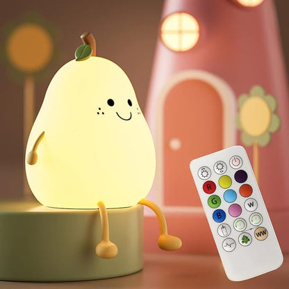 Cute Pear Night Light for Kids, Silicone Fruit Pear Lamp with Remote, Squishy Kawaii Bedside Cute Lamp, Adjustable Brightness NightLight for Bedroom, Rechargeable Soft NightLight for Room Decoration