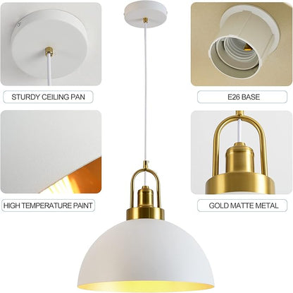 Vintage Industrial Pendant Light - 13.58'' Rustic White and Gold Farmhouse Dome Pendant Lighting, 78.74'' Length, for Kitchen, Dining, Bedroom, Living Room