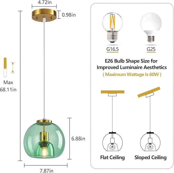 Light Green Glass Pendant Lights Kitchen Island Gold Hanging Light Fixture Glass Globe Pendant Light Modern Pendant Lighting for Kitchen Island Bedroom Dining Room (7.87", 1 Pack)