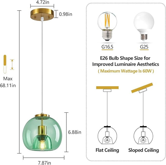 Light Green Glass Pendant Lights Kitchen Island Gold Hanging Light Fixture Glass Globe Pendant Light Modern Pendant Lighting for Kitchen Island Bedroom Dining Room (7.87", 1 Pack)