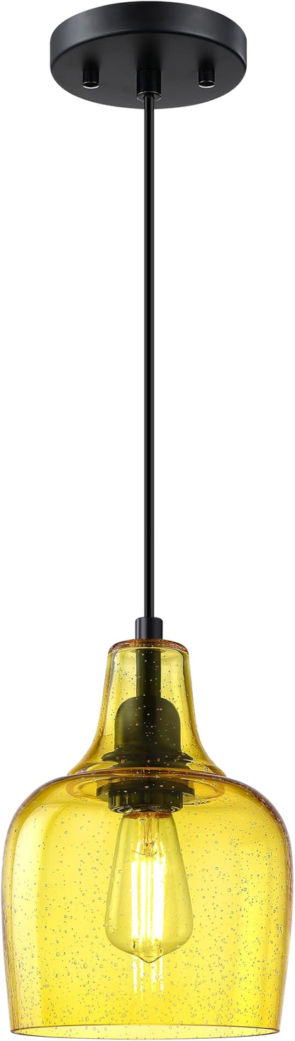2 Pack 1 Light Hanging Indoor Kitchen Island Pendant Light 6.1" Seeded Yellow Glass Pendant Ceiling Light Fixtures Black Finish Modern Farmhouse Dinning Over Sink