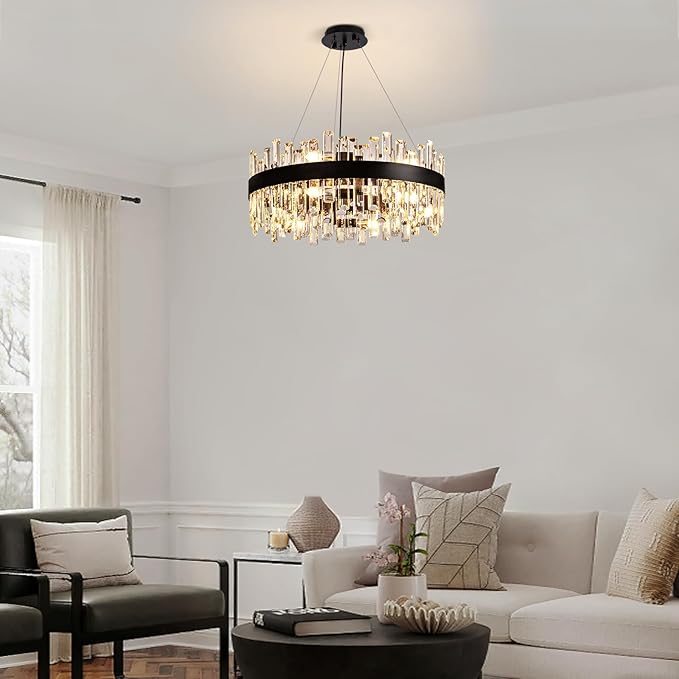 12-Light Modern Crystal Chandelier for Dining Room, Black Round Flush Mount Ceiling Light, Luxury 2-Tiers K9 Crystal Raindrop Chandelier for Living Room Entryway Foyer Bathroom D23.6''