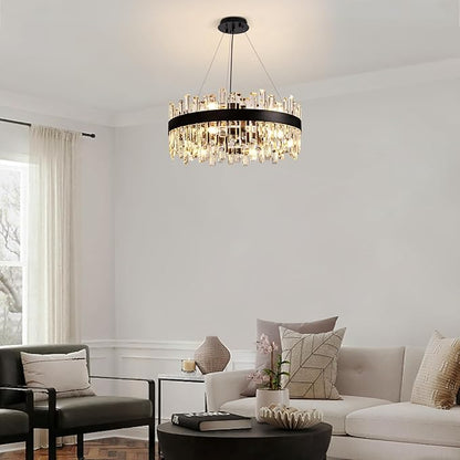 12-Light Modern Crystal Chandelier for Dining Room, Black Round Flush Mount Ceiling Light, Luxury 2-Tiers K9 Crystal Raindrop Chandelier for Living Room Entryway Foyer Bathroom D23.6''