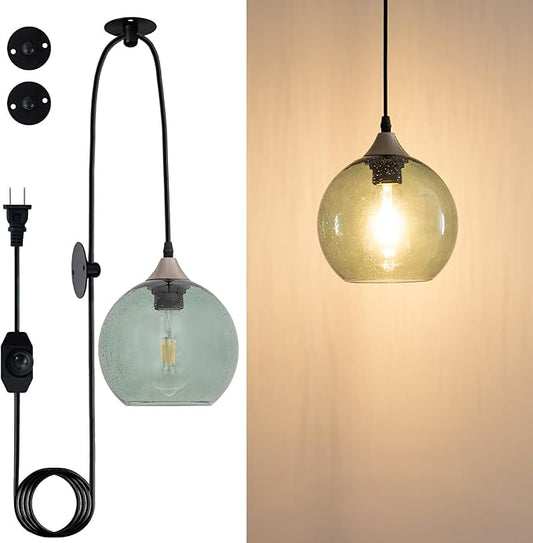 Green Raindrop Glass Pendant Light Plug in Dimmable Fixture Teardrop Textured Shade 16.4 Ft Swag Light Cord E26 Socket for Sunroom Porch Botanical Bohemian Style （Bulb not Included）