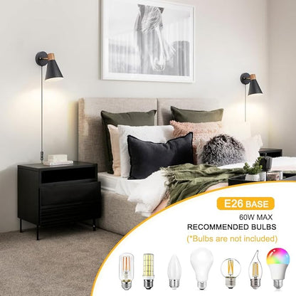 Black Plug in Wall Sconces Set of 2, Modern Bedroom Wall Light with on/off Cord, Wooden Plug Sconce with Hammered Metal Shade, Corded Wall Sconce Light for Decor Bedroom, Living Room, Hallway