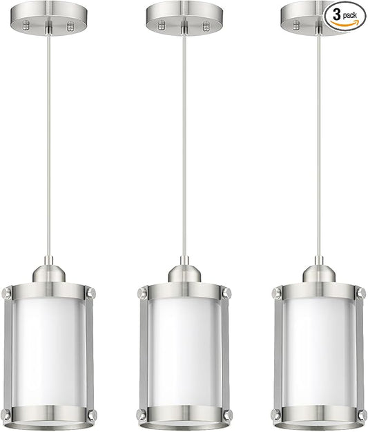 Brushed Nickel Pendant Lights Kitchen Island 3 Pack, Modern Kitchen Pendant Lighting Over Island with Milk Glass, Farmhouse Mini Hanging Light for Sink Dining Room, OS-3014-3PBN