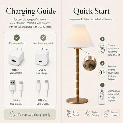 Bamboo Cordless LED Table Lamp – Rechargeable 24-Hour Battery, Dimmable Warm Light, 15" Portable Wireless Lamp with Remote for Indoor/Outdoor Use, Home, Patio, Restaurant – Coastal White