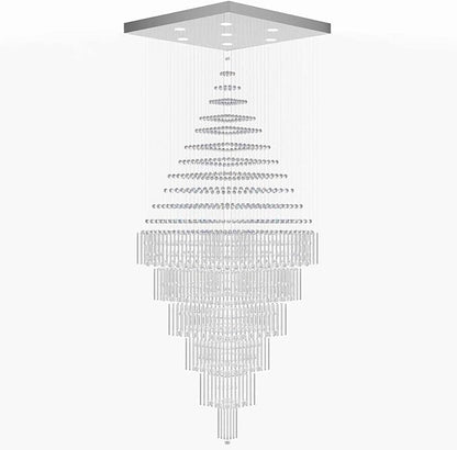 Flashing God D48''X H120'' Large Crystal Chandeliers for High Ceiling Square Crystal Raindrop Chandelier, Foyer Long Lighting Fixtures for Foyer Entryway Villa Silver ﻿