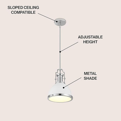 JONATHAN Y 10" Chrome/White Modern Industrial Iron LED Dome Pendant Light, Adjustable Hanging Fixture for Kitchen Island or Entryway, White Metal Shade, LED Bulb Included (JYL9535C)